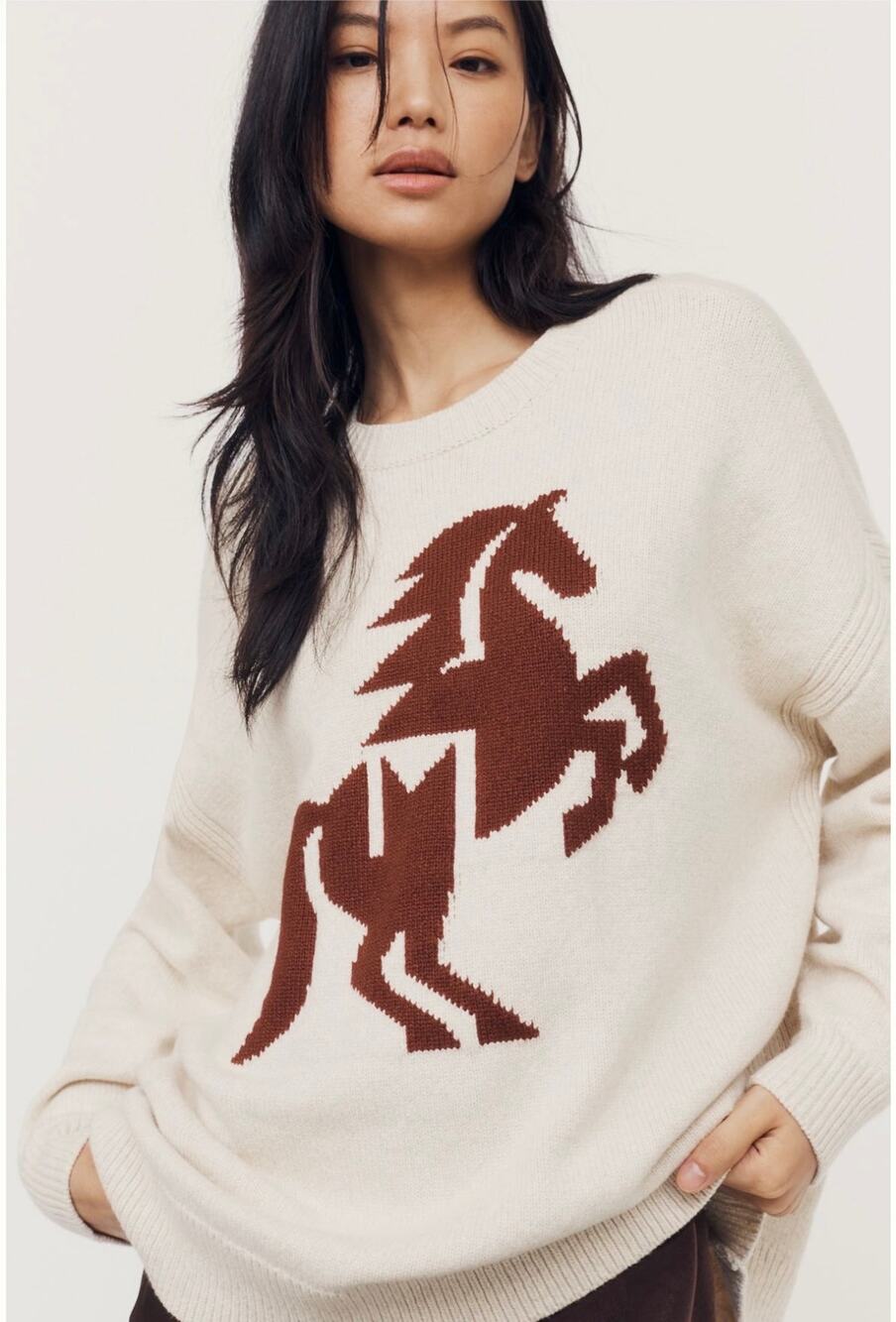 Maeve Horse Equestrian Print Cotton & Wool Blend Crewneck Sweater, Lg NWT